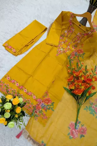 yellow chinon  kurta sets