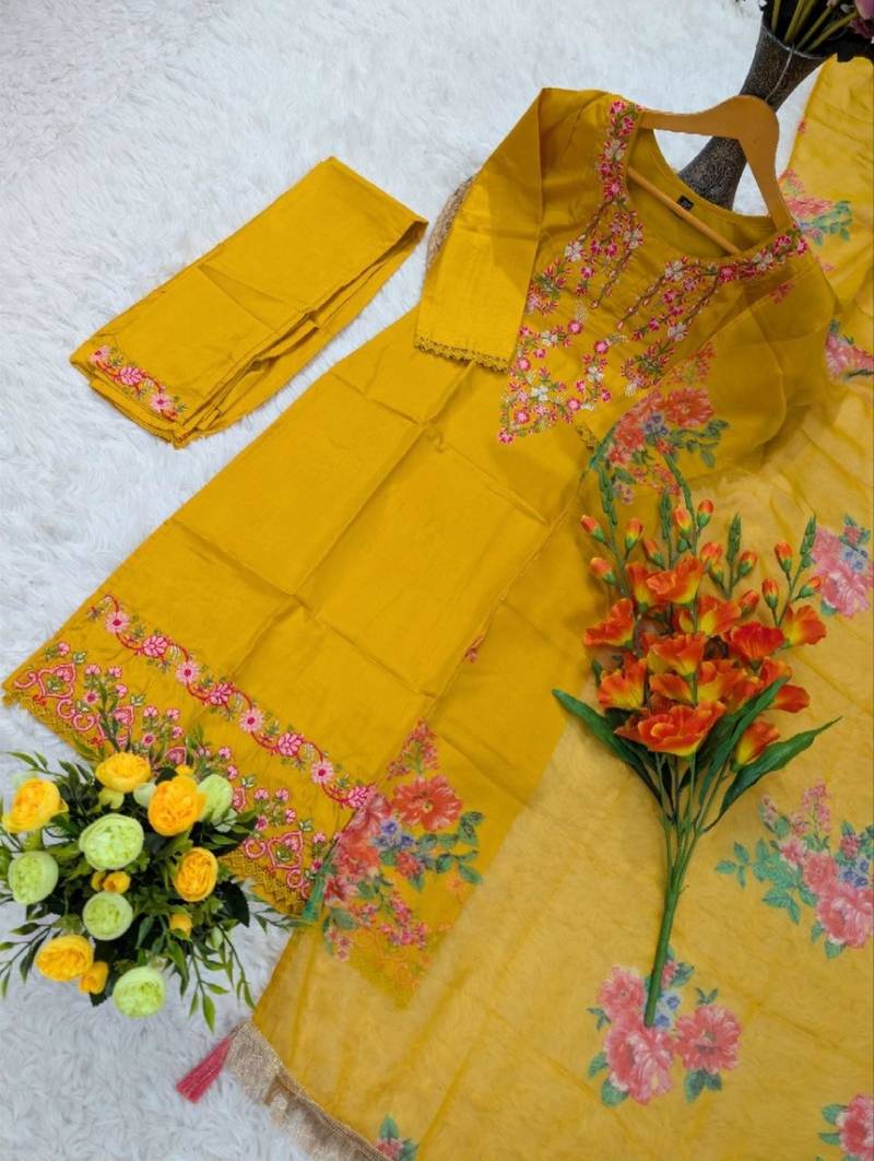 yellow chinon  kurta sets