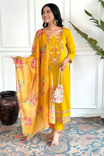 yellow chinon  kurta sets