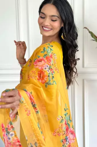 yellow chinon  kurta sets