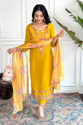 yellow chinon  kurta sets