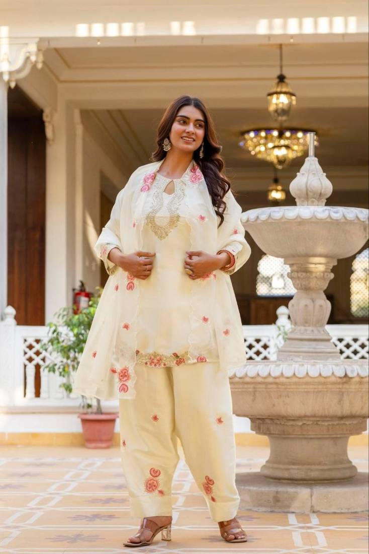 off white satin embroidered kurta sets