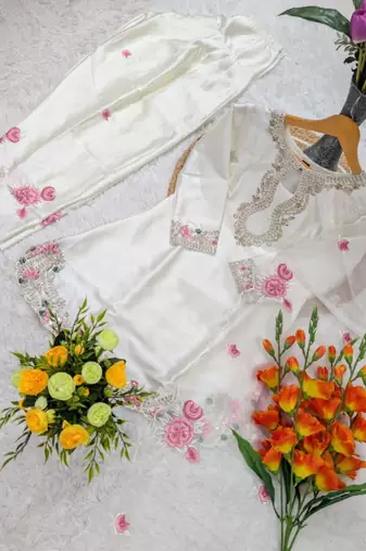 off white satin embroidered kurta sets