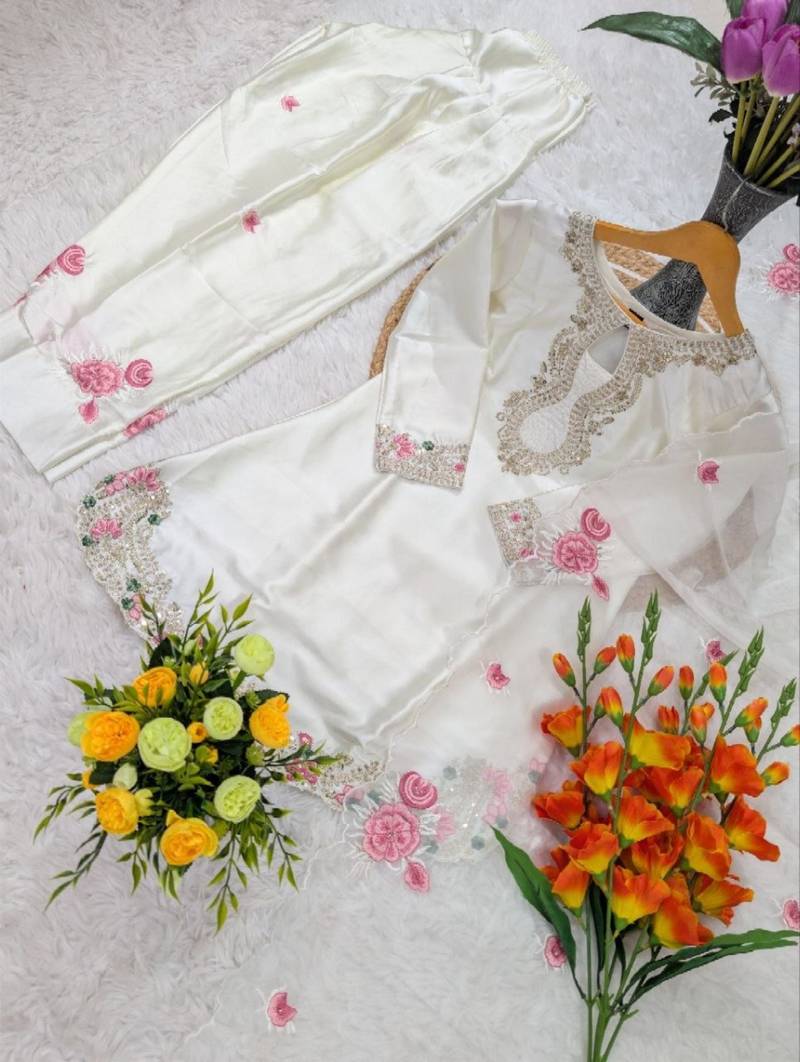 off white satin embroidered kurta sets