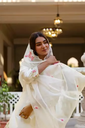 off white satin embroidered kurta sets