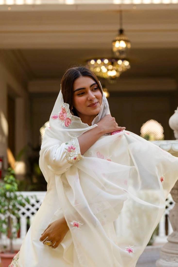 off white satin embroidered kurta sets