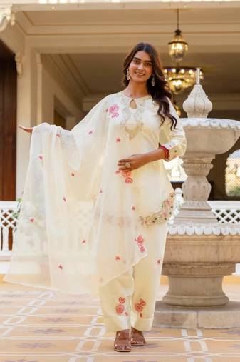 off white satin embroidered kurta sets
