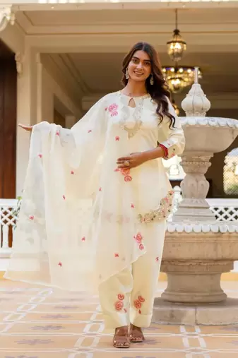 off white satin embroidered kurta sets