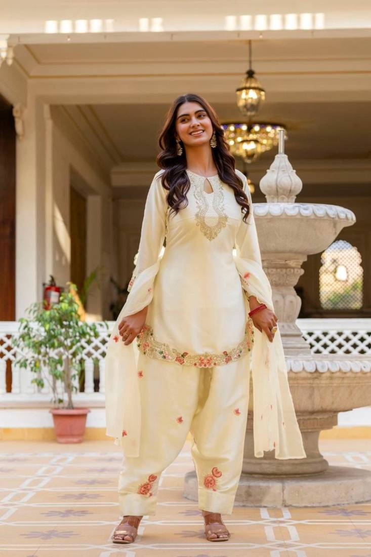 off white satin embroidered kurta sets
