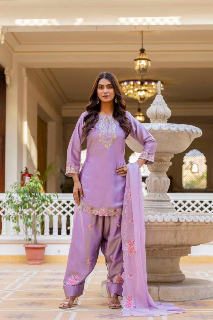 purple satin embroidered kurta sets