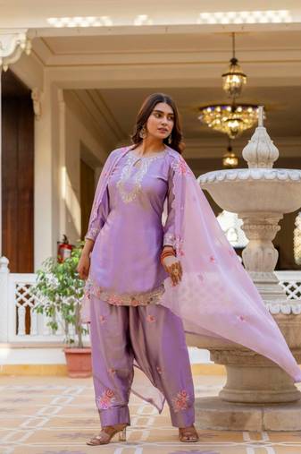 purple satin embroidered kurta sets