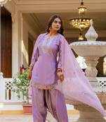 purple satin embroidered kurta sets