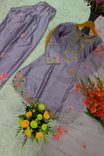 purple satin embroidered kurta sets