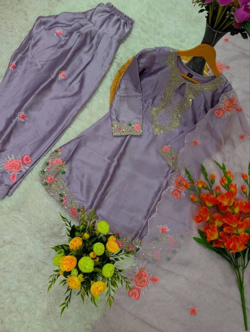 purple satin embroidered kurta sets