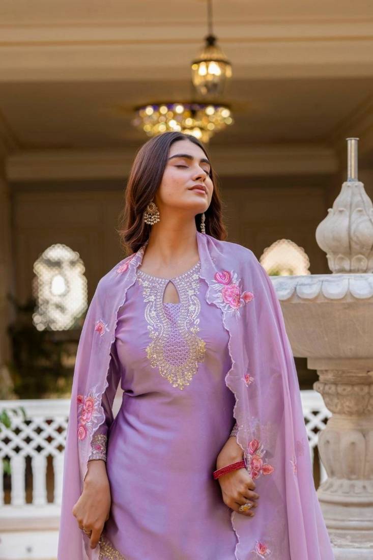 purple satin embroidered kurta sets