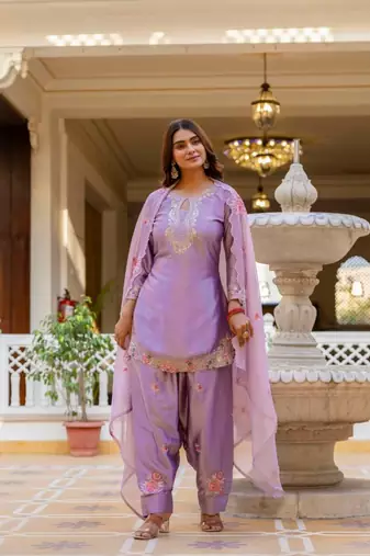 purple satin embroidered kurta sets