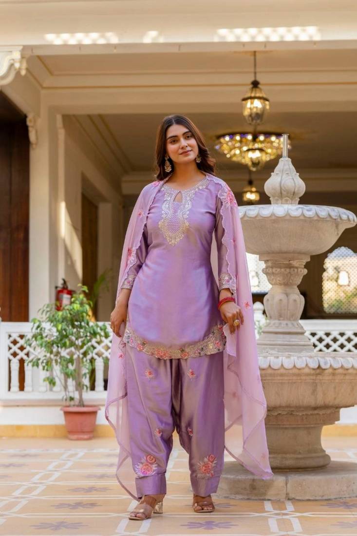 purple satin embroidered kurta sets
