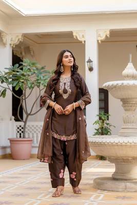dark brown satin embroidered kurta sets 2