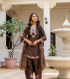 dark brown satin embroidered kurta sets