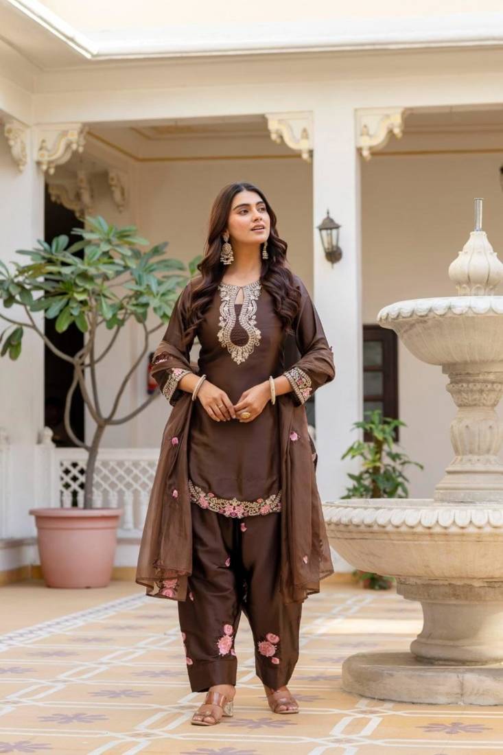 dark brown satin embroidered kurta sets