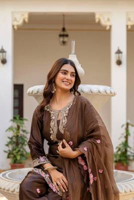 dark brown satin embroidered kurta sets 3