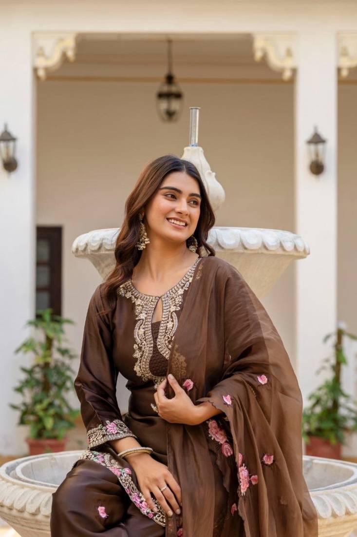 dark brown satin embroidered kurta sets