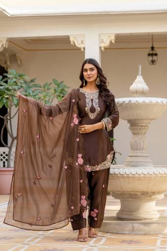 dark brown satin embroidered kurta sets
