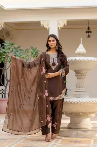 dark brown satin embroidered kurta sets
