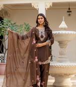 dark brown satin embroidered kurta sets