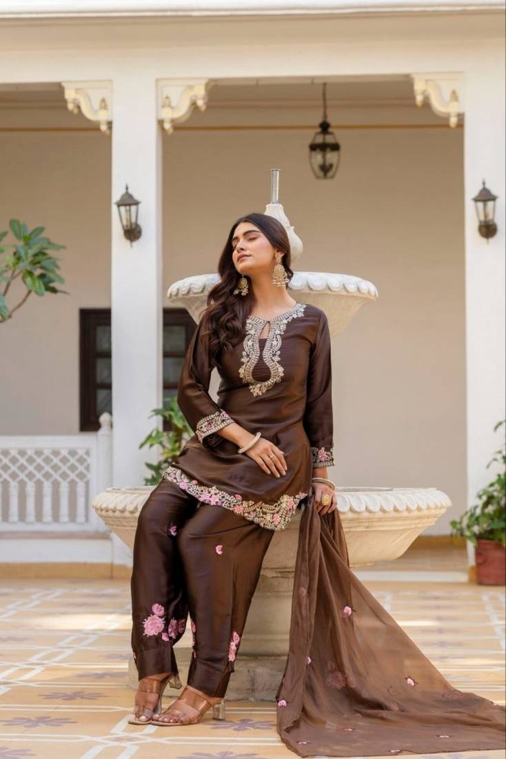dark brown satin embroidered kurta sets