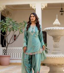teal green satin embroidered kurta sets
