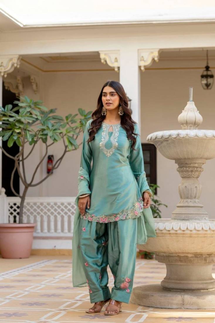 teal green satin embroidered kurta sets