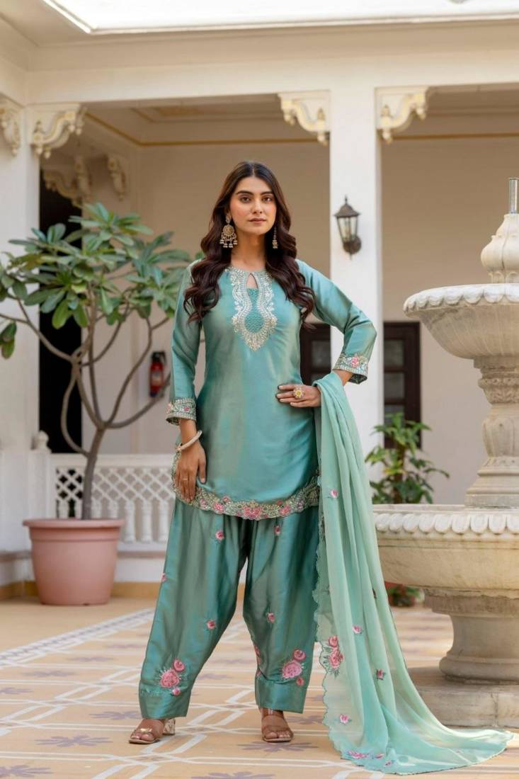 teal green satin embroidered kurta sets