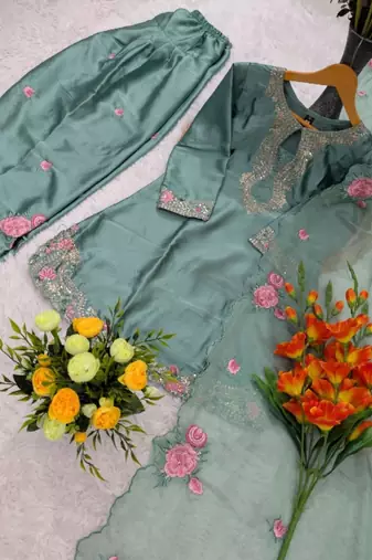 teal green satin embroidered kurta sets