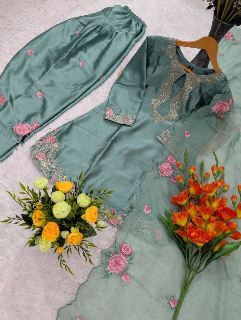 teal green satin embroidered kurta sets