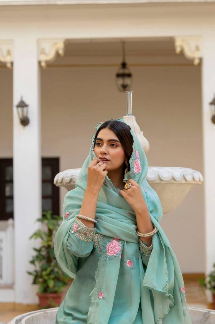 teal green satin embroidered kurta sets