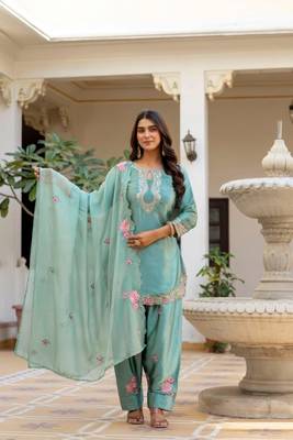 teal green satin embroidered kurta sets 1