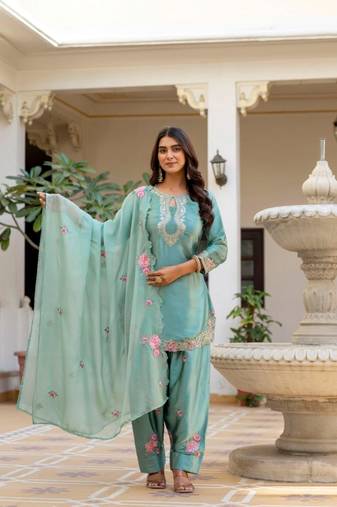 teal green satin embroidered kurta sets