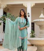 teal green satin embroidered kurta sets