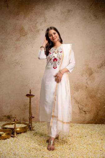 white chanderi embroidered kurta sets