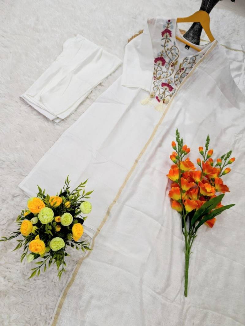 white chanderi embroidered kurta sets