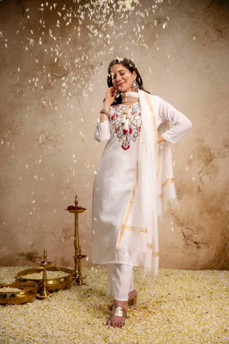 white chanderi embroidered kurta sets