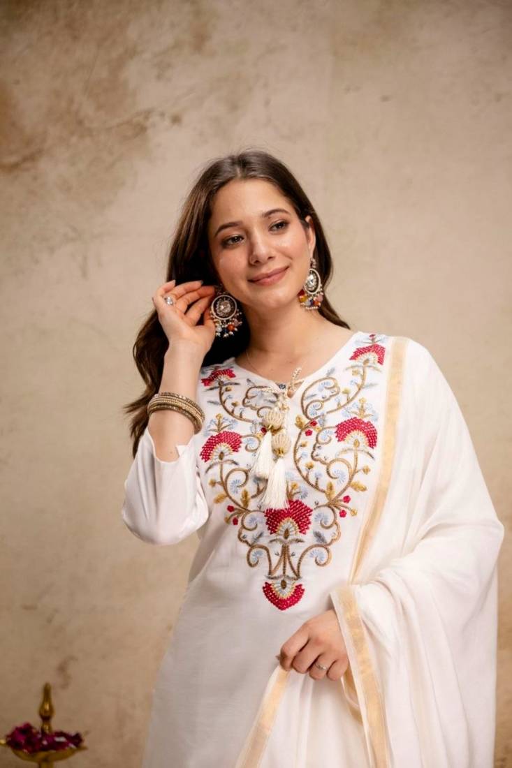 white chanderi embroidered kurta sets