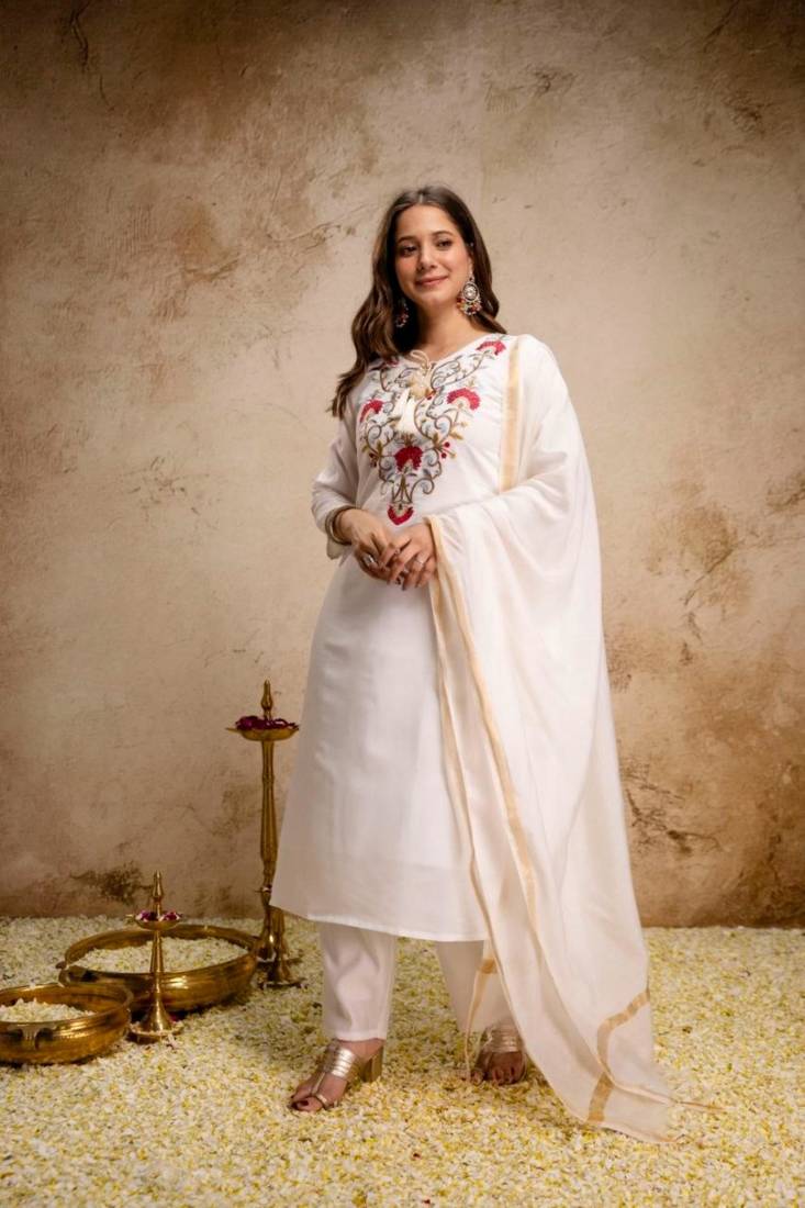 white chanderi embroidered kurta sets