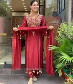 red chanderi silk embroidered kurta sets
