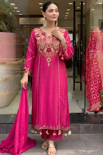 rani pink chanderi silk embroidered kurta sets