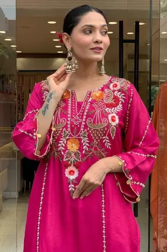 rani pink chanderi silk embroidered kurta sets