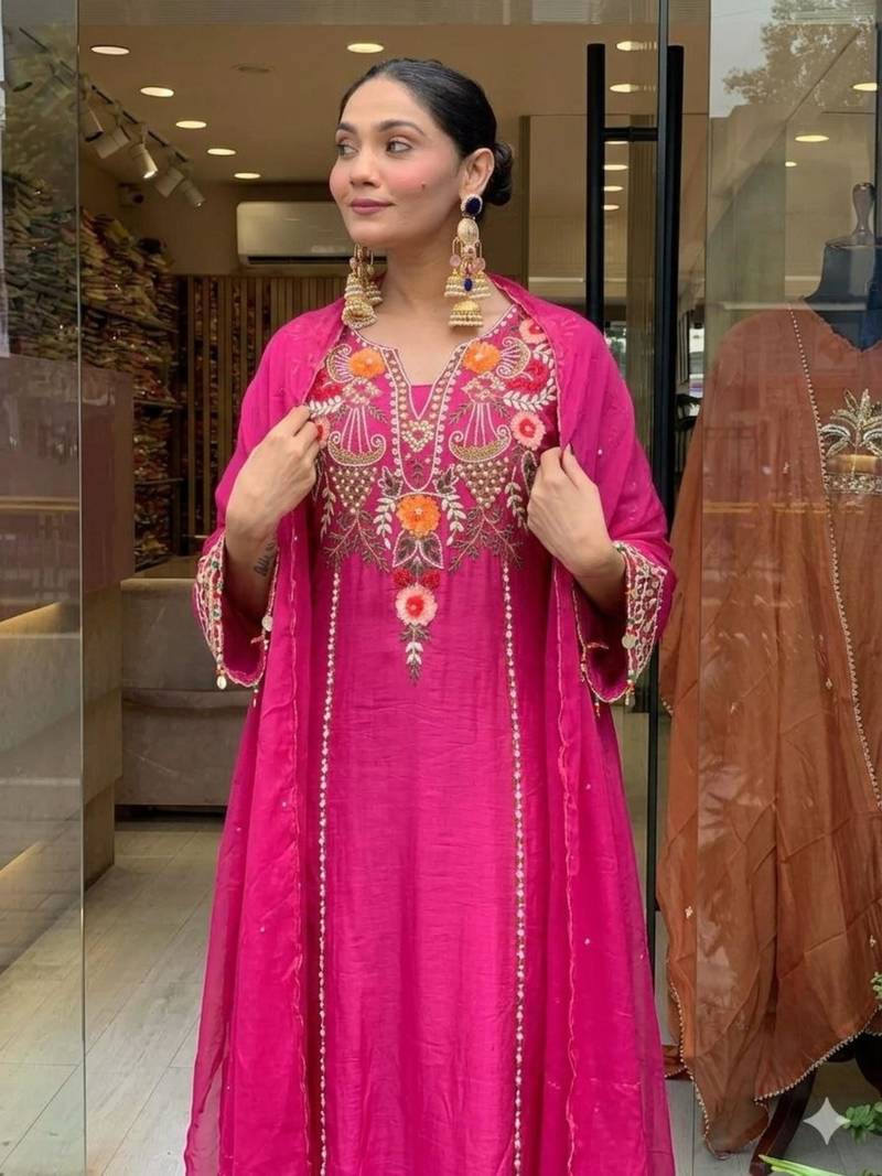 rani pink chanderi silk embroidered kurta sets