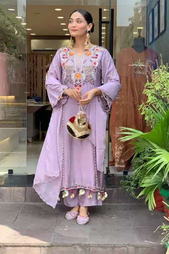 lavender chanderi silk embroidered kurta sets