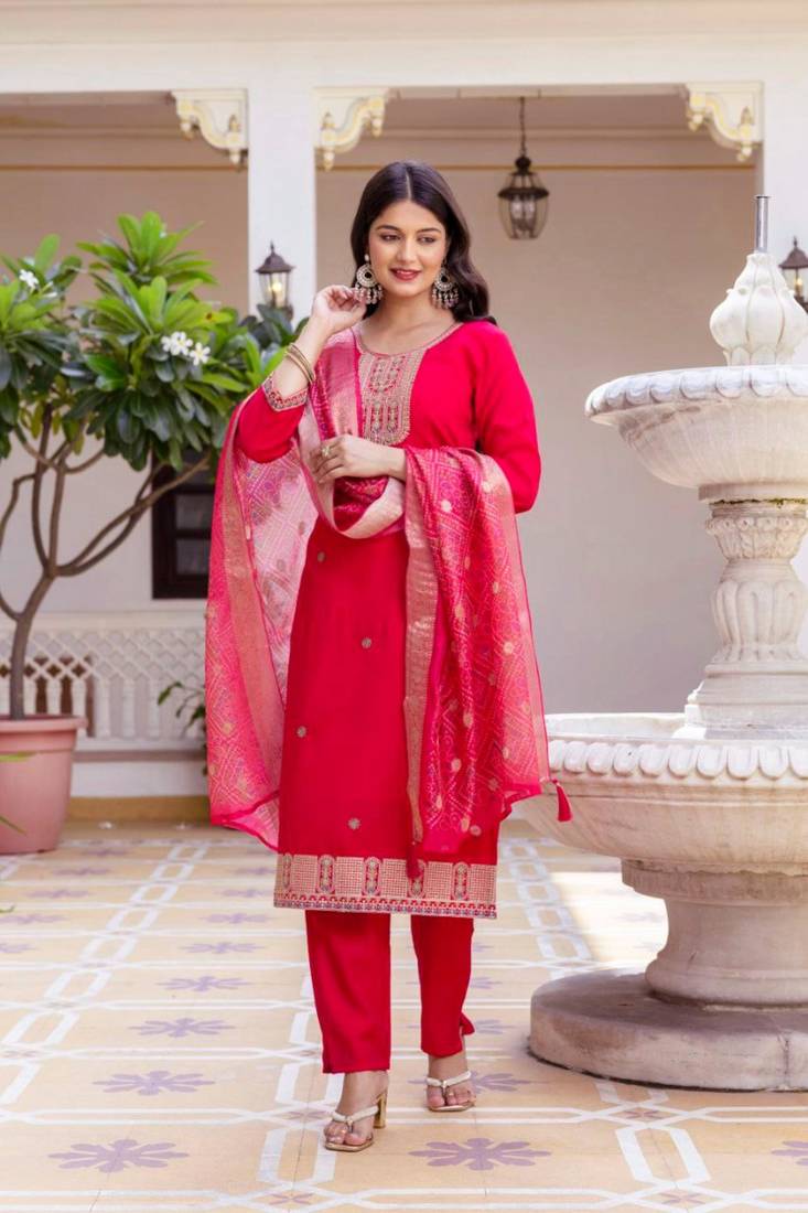 red chanderi embroidered kurta sets